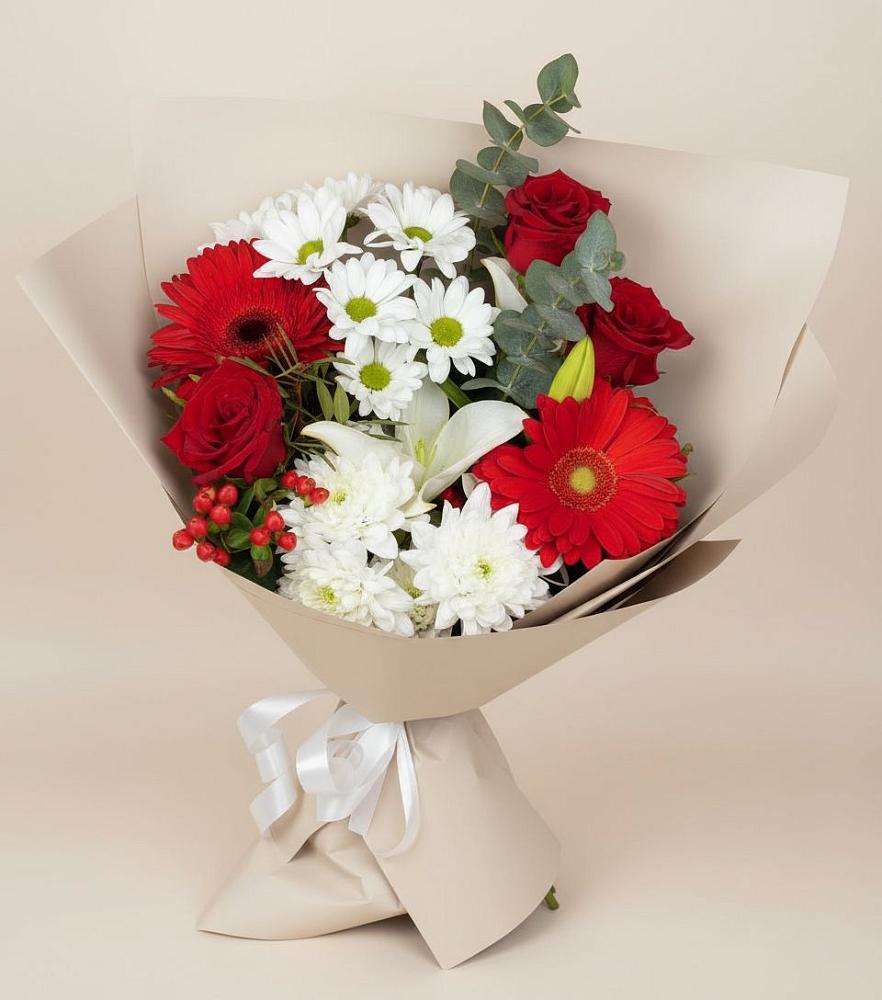 Букет цветов из: Розы, Хризантемы, Герберы и Лилии в Семеновское