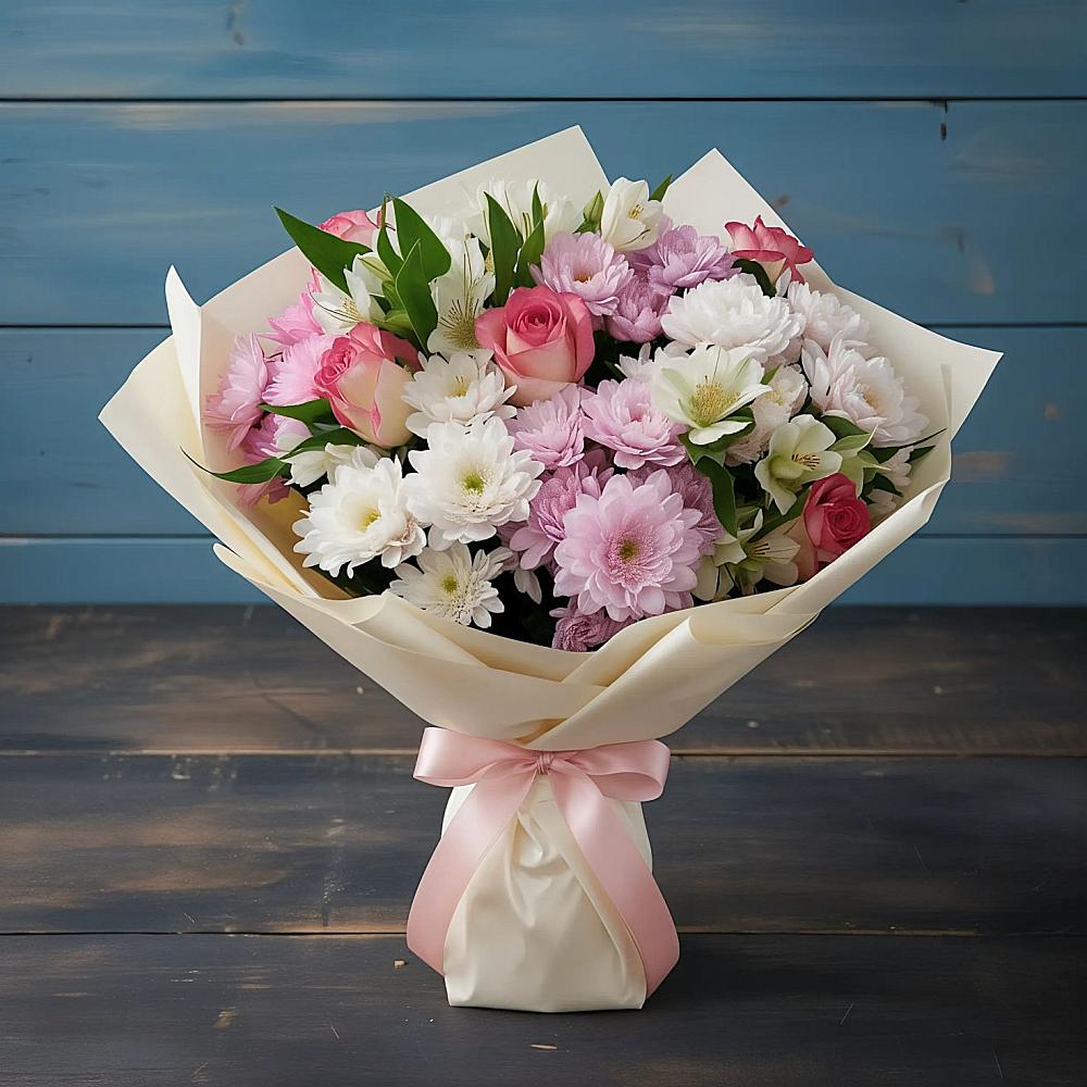 Букет цветов из: Хризантемы, Альстромерии и Розы в Семеновское